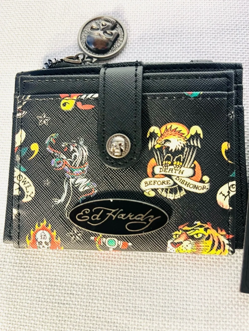 Ed Hardy Black Tattoo-Print Card Holder Coin Purse with Signature Zipper Pull - Picture 3 of 6